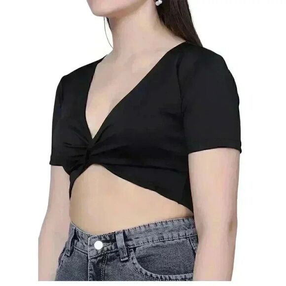 Missguided Women's Black Viscose/Spandex Knit Knot Front Cropped T-Shirt - Picture 1 of 5